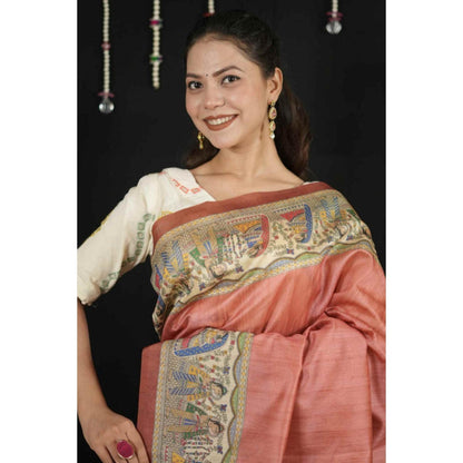 Isadora Life Womens Printed Tassels Coral Pre-Draped Saree With Unstitched Blouse