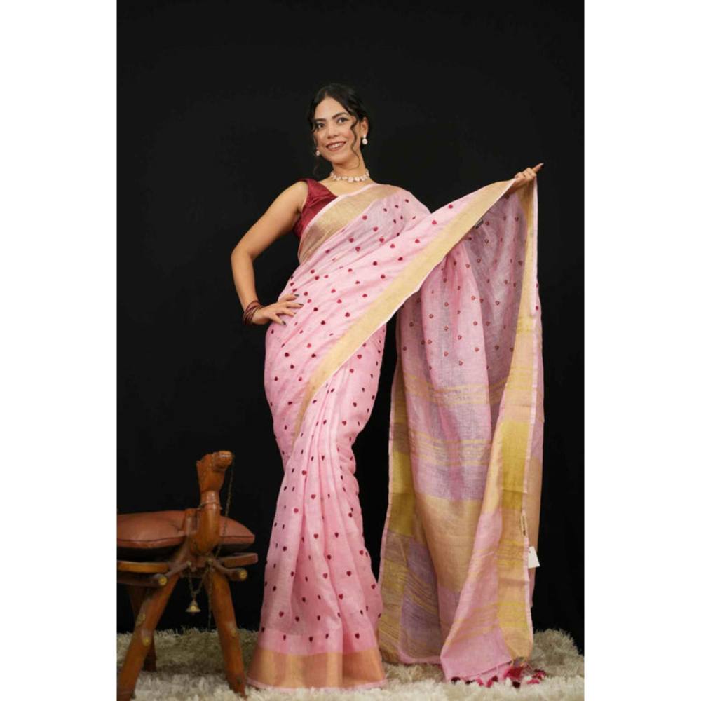 Isadora Life Womens Embroidered Tassels Pink Pre-Draped Saree With Unstitched Blouse