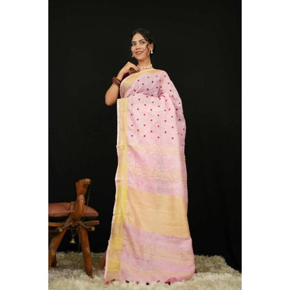 Isadora Life Womens Embroidered Tassels Pink Pre-Draped Saree With Unstitched Blouse