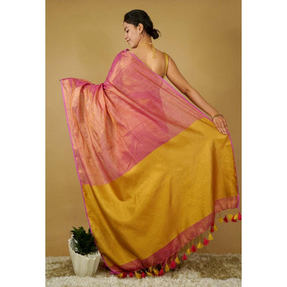 Isadora Life Womens Woven Tassels Pink Pre-Draped Saree With Unstitched Blouse