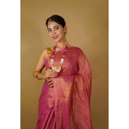 Isadora Life Womens Woven Tassels Pink Pre-Draped Saree With Unstitched Blouse