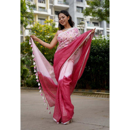 Isadora Life Womens Ombre Tassels Pink Pre-Draped Saree With Unstitched Blouse