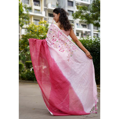 Isadora Life Womens Ombre Tassels Pink Pre-Draped Saree With Unstitched Blouse