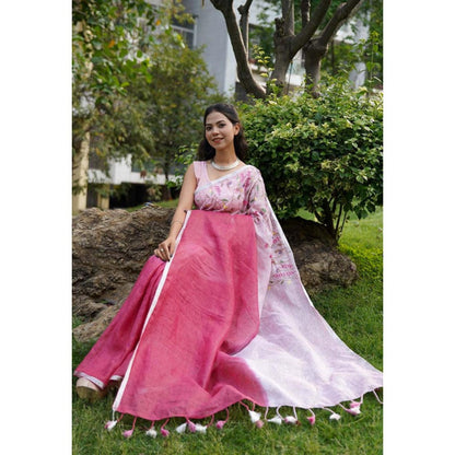 Isadora Life Womens Ombre Tassels Pink Pre-Draped Saree With Unstitched Blouse