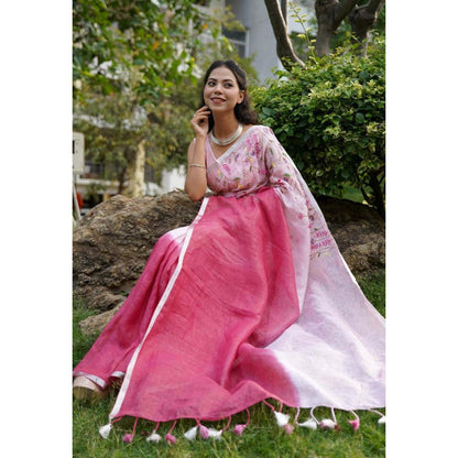 Isadora Life Womens Ombre Tassels Pink Pre-Draped Saree With Unstitched Blouse