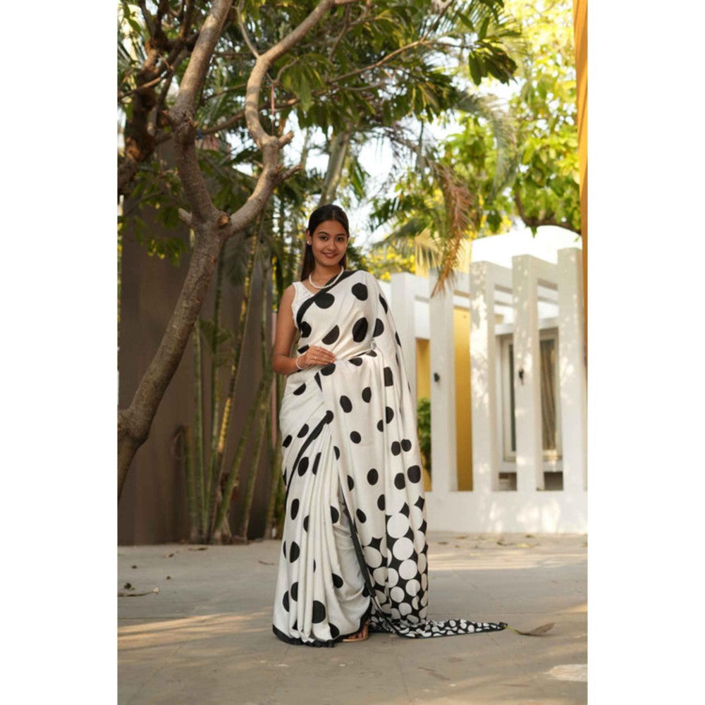 Isadora Life Womens Polka Dots Printed White Pre-Draped Saree With Unstitched Blouse