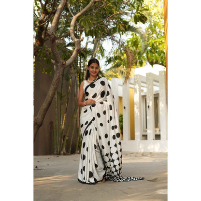Isadora Life Womens Polka Dots Printed White Pre-Draped Saree With Unstitched Blouse
