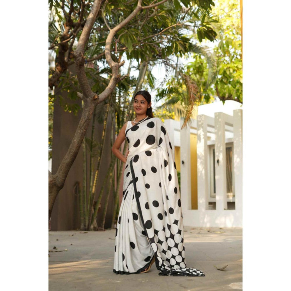 Isadora Life Womens Polka Dots Printed White Pre-Draped Saree With Unstitched Blouse