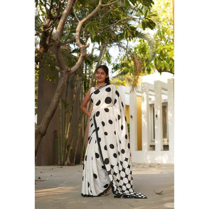 Isadora Life Womens Polka Dots Printed White Pre-Draped Saree With Unstitched Blouse