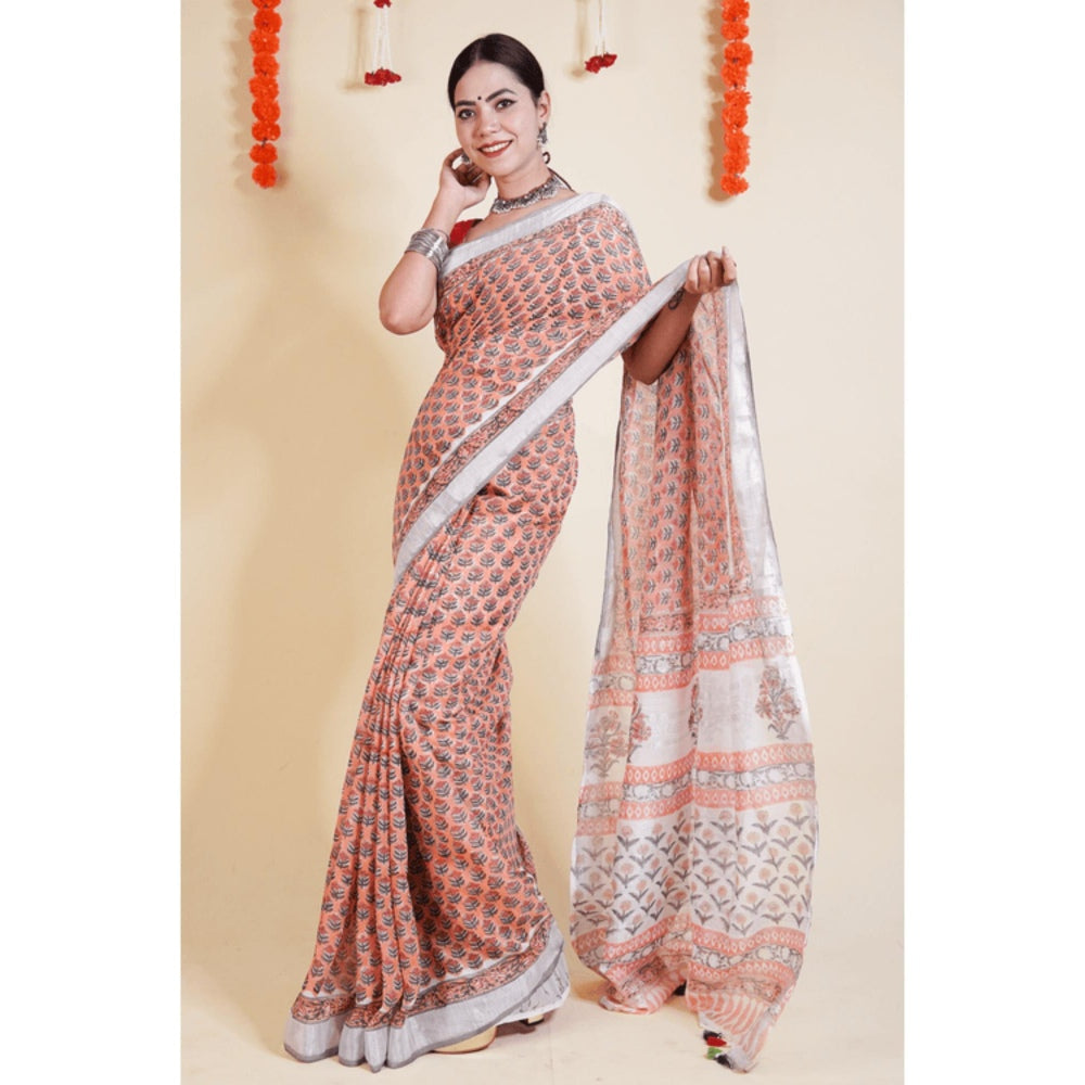 Isadora Life Womens Floral Hand Block Peach Pre-Draped Saree With Unstitched Blouse