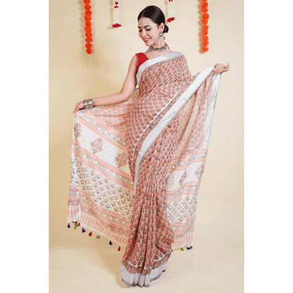 Isadora Life Womens Floral Hand Block Peach Pre-Draped Saree With Unstitched Blouse