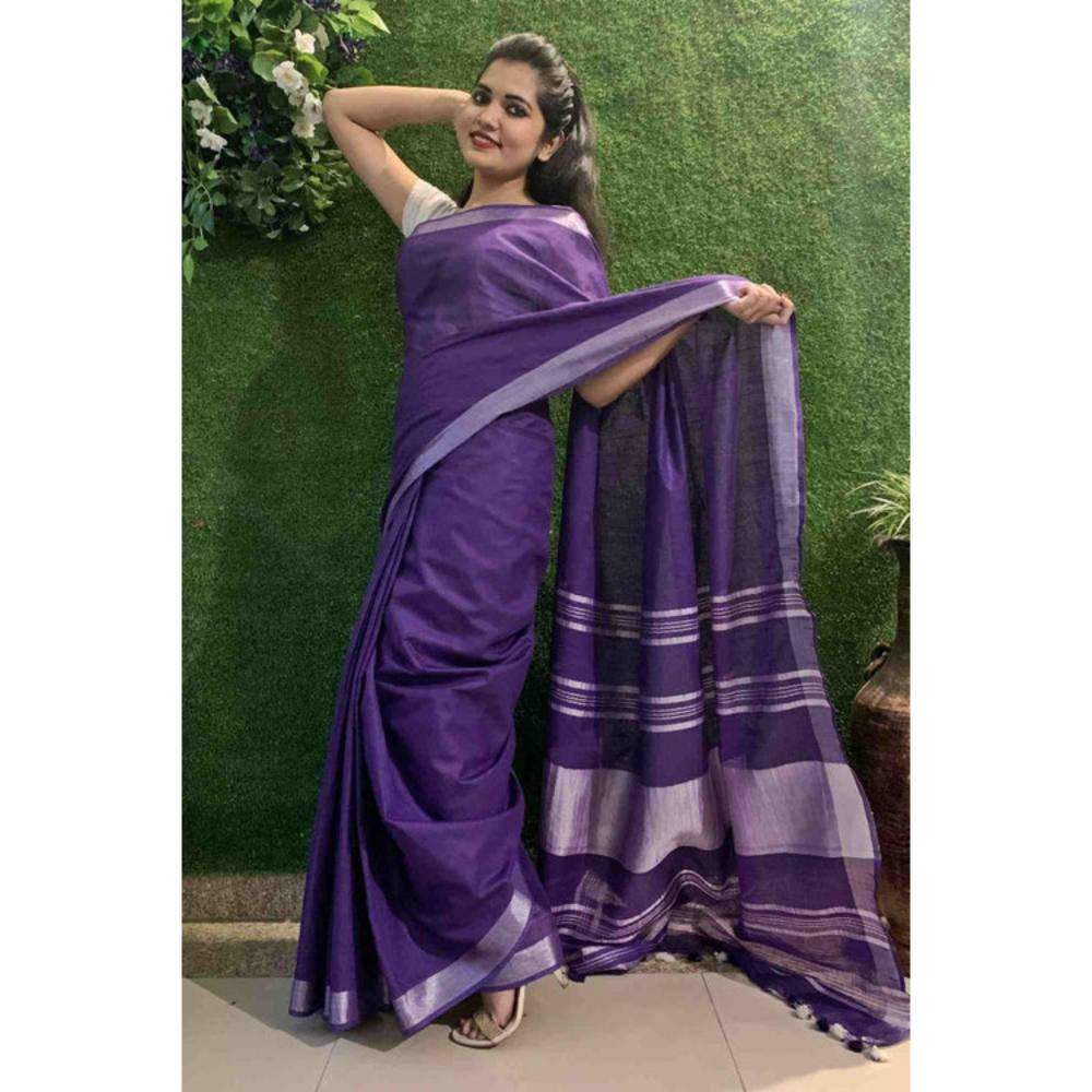 Isadora Life Womens Woven Tassels Purple Pre-Draped Saree With Unstitched Blouse