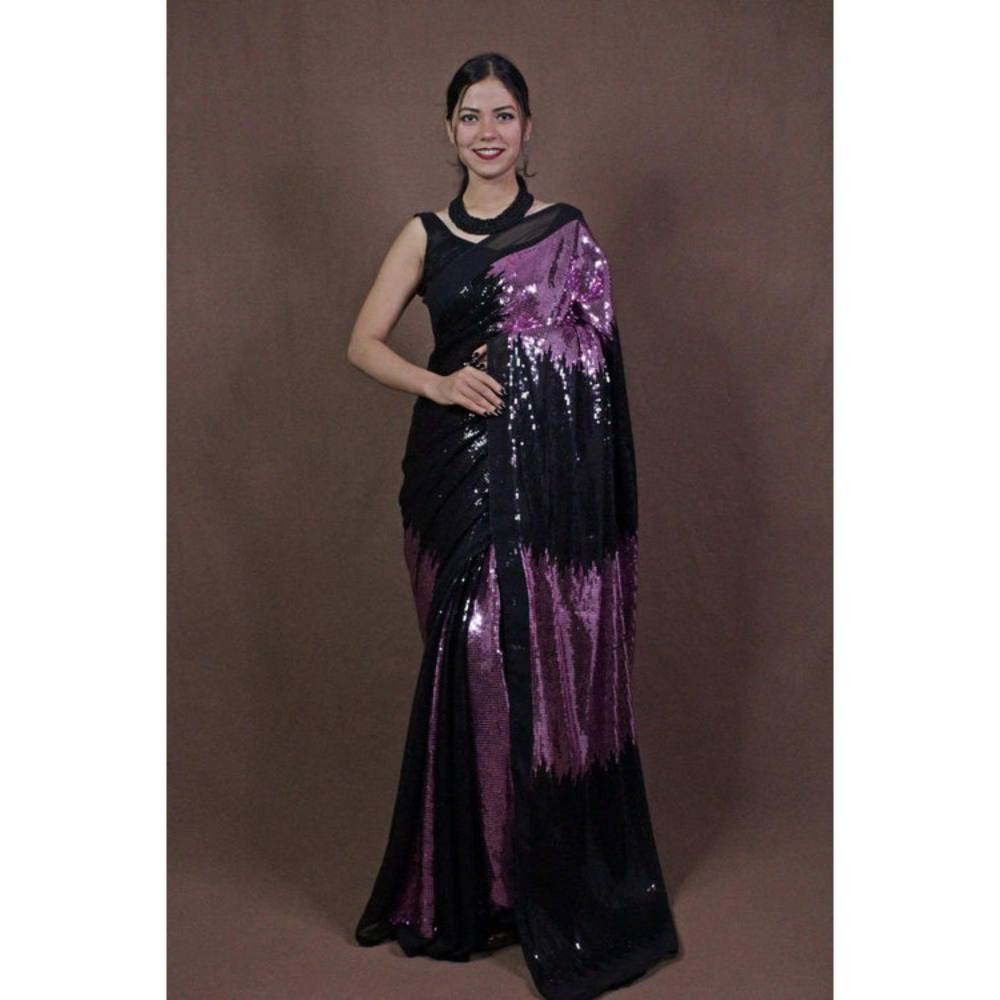 Isadora Life Womens Sequined Black Pre-Draped Saree With Unstitched Blouse