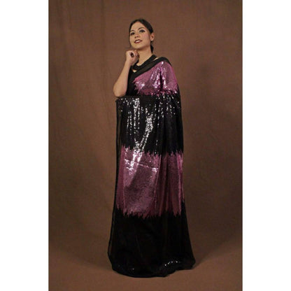 Isadora Life Womens Sequined Black Pre-Draped Saree With Unstitched Blouse