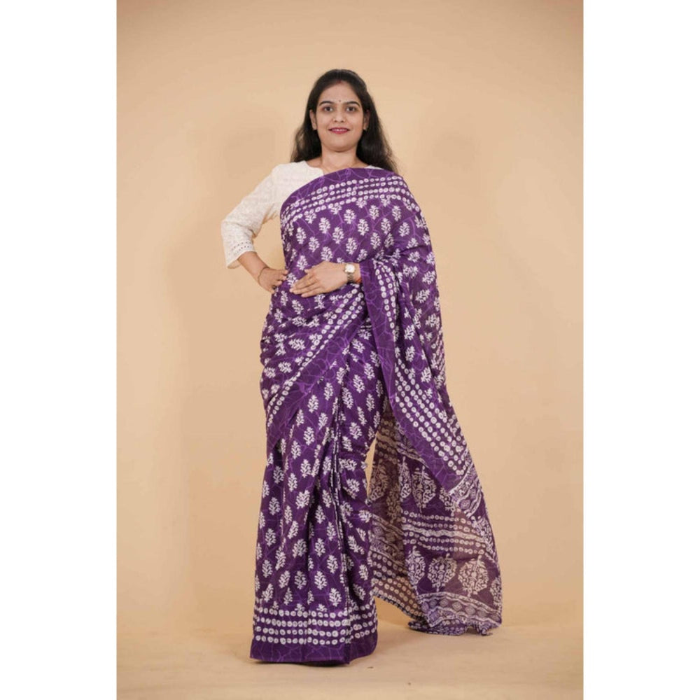 Isadora Life Womens Printed Purple Pre-Draped Saree With Unstitched Blouse