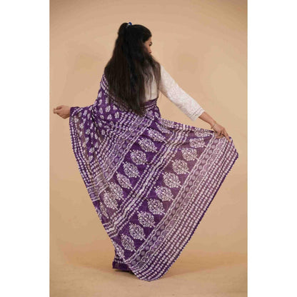 Isadora Life Womens Printed Purple Pre-Draped Saree With Unstitched Blouse