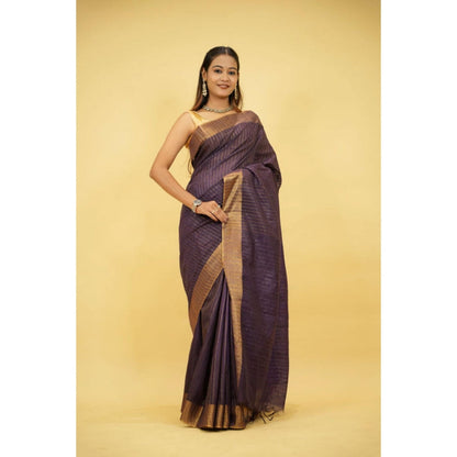 Isadora Life Womens Stripes Sequined Purple Pre-Draped Saree With Unstitched Blouse