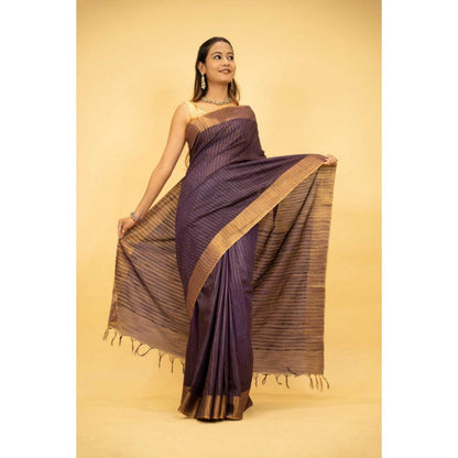 Isadora Life Womens Stripes Sequined Purple Pre-Draped Saree With Unstitched Blouse