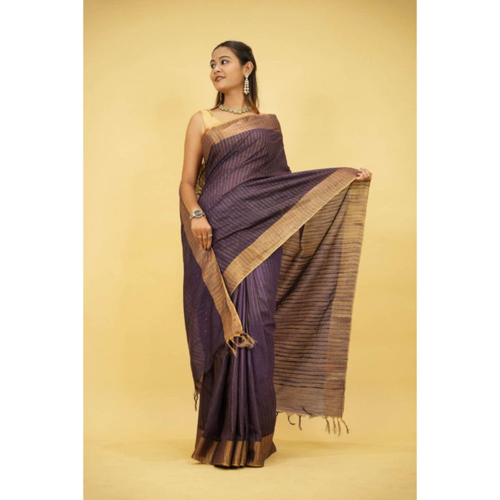 Isadora Life Womens Stripes Sequined Purple Pre-Draped Saree With Unstitched Blouse