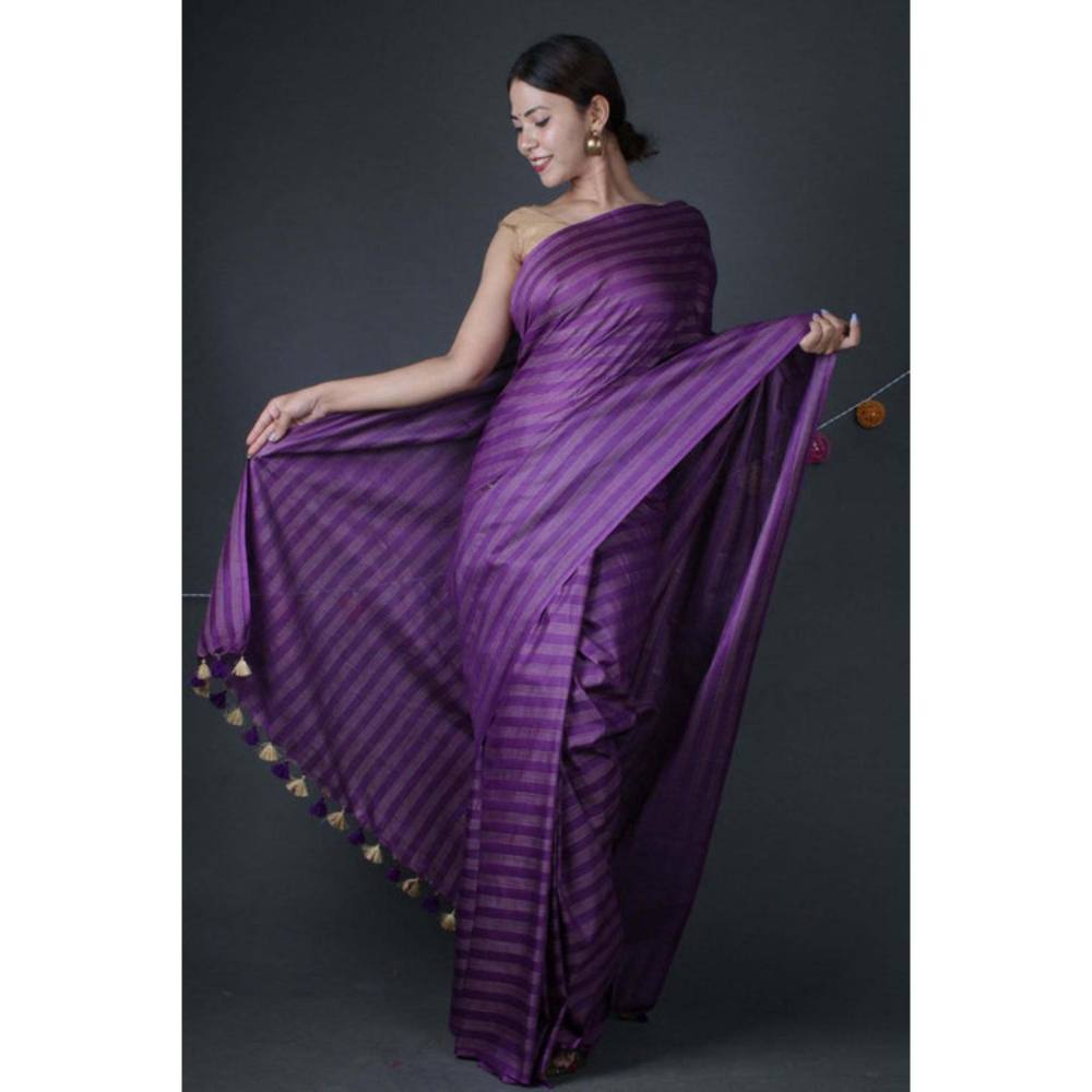 Isadora Life Womens Stripes Tassels Purple Pre-Draped Saree With Unstitched Blouse