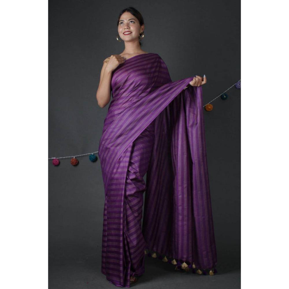 Isadora Life Womens Stripes Tassels Purple Pre-Draped Saree With Unstitched Blouse