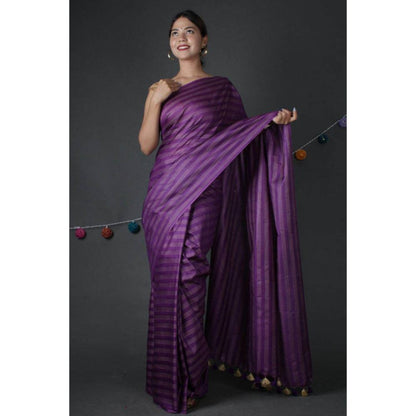 Isadora Life Womens Stripes Tassels Purple Pre-Draped Saree With Unstitched Blouse