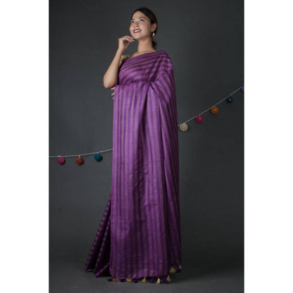 Isadora Life Womens Stripes Tassels Purple Pre-Draped Saree With Unstitched Blouse