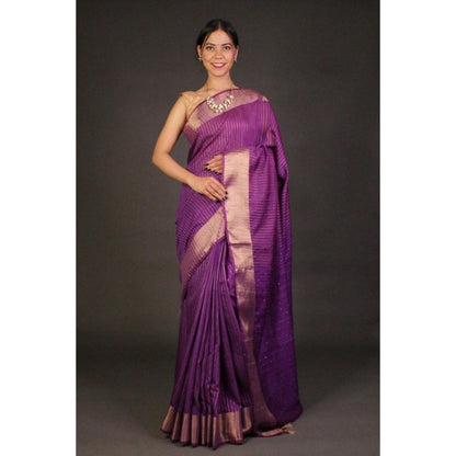 Isadora Life Womens Stripes Tassels Purple Pre-Draped Saree With Unstitched Blouse