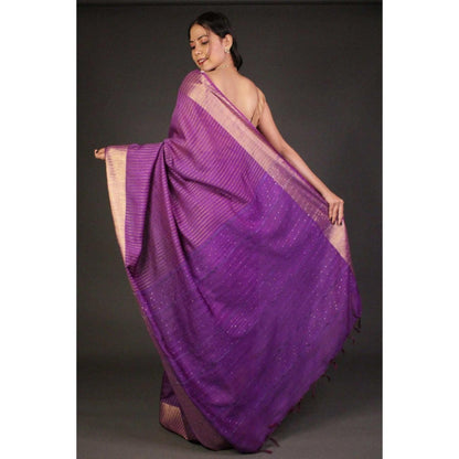 Isadora Life Womens Stripes Tassels Purple Pre-Draped Saree With Unstitched Blouse