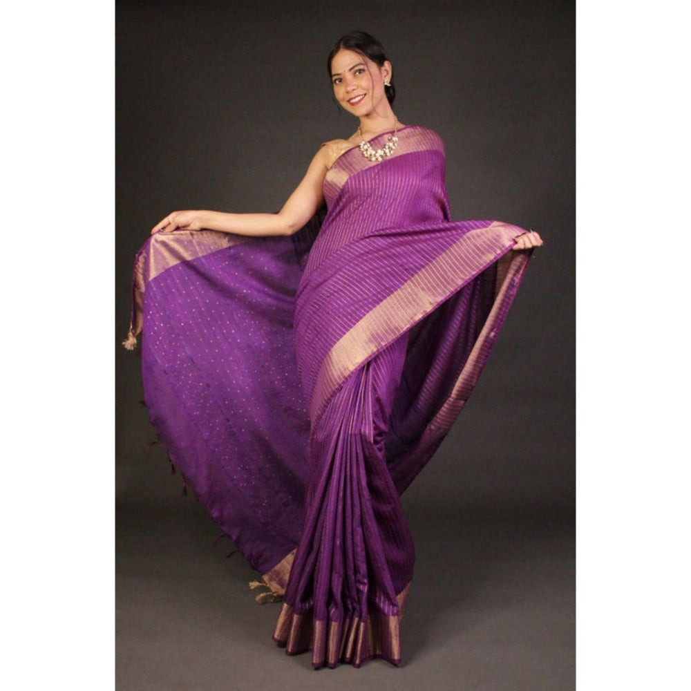 Isadora Life Womens Stripes Tassels Purple Pre-Draped Saree With Unstitched Blouse