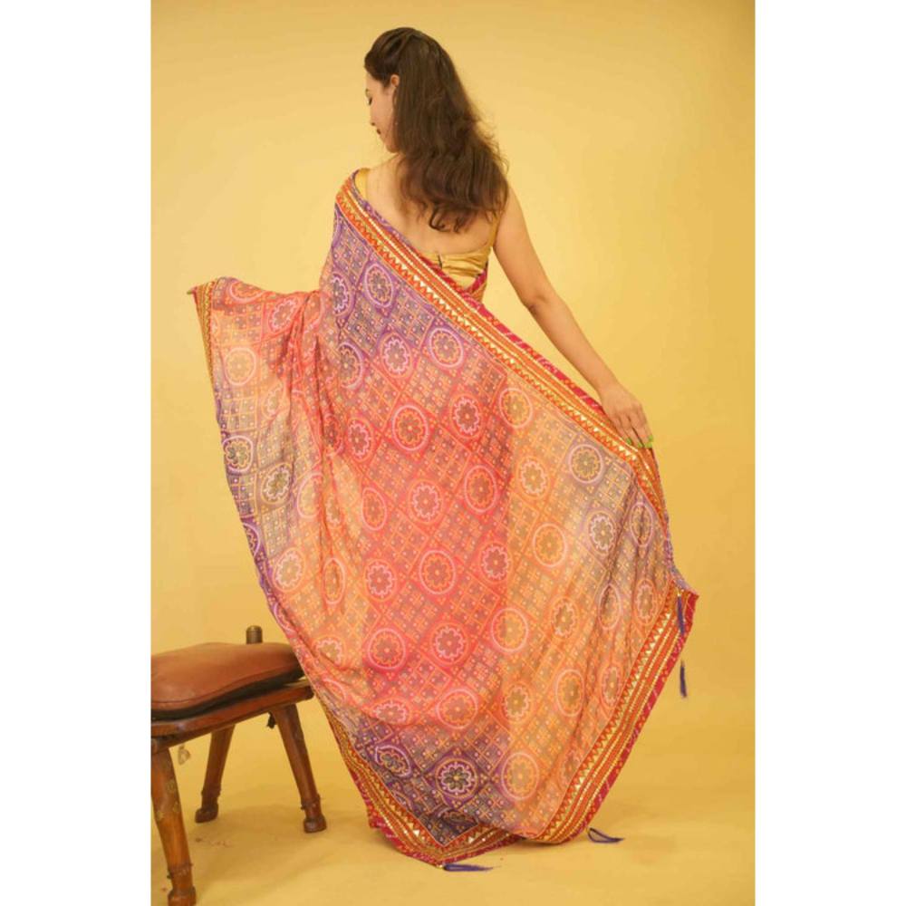 Isadora Life Womens Bandhani Printed Pink Pre-Draped Saree With Unstitched Blouse