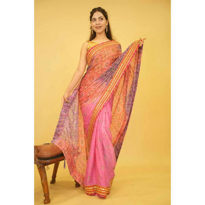 Isadora Life Womens Bandhani Printed Pink Pre-Draped Saree With Unstitched Blouse