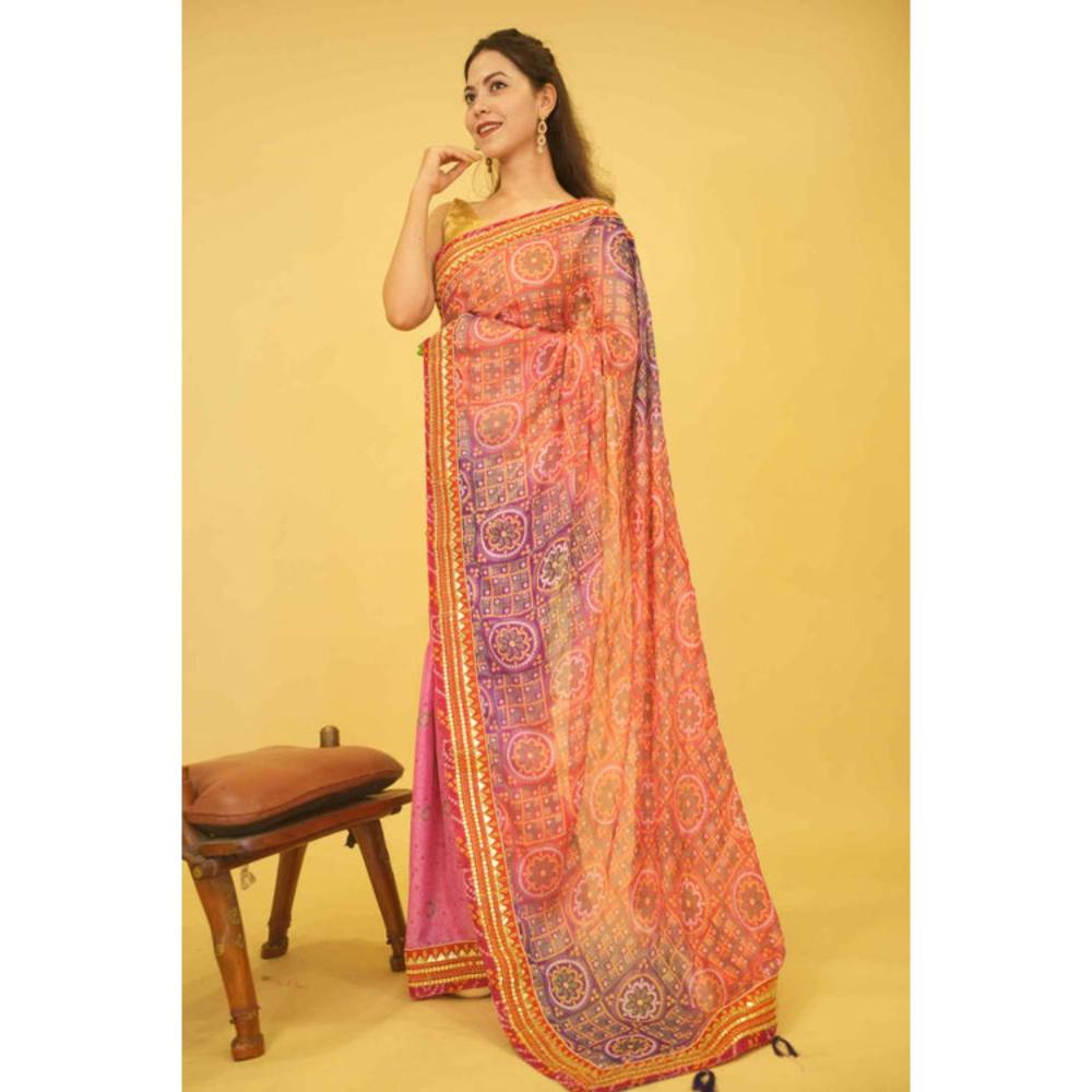 Isadora Life Womens Bandhani Printed Pink Pre-Draped Saree With Unstitched Blouse
