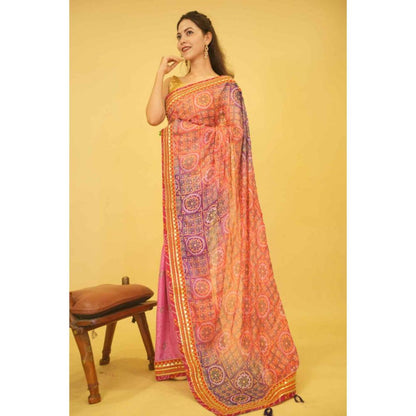 Isadora Life Womens Bandhani Printed Pink Pre-Draped Saree With Unstitched Blouse