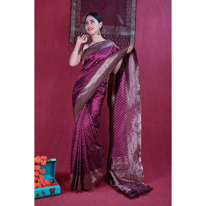 Isadora Life Womens Woven Tassels Wine Pre-Draped Saree With Unstitched Blouse