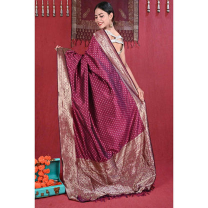 Isadora Life Womens Woven Tassels Wine Pre-Draped Saree With Unstitched Blouse