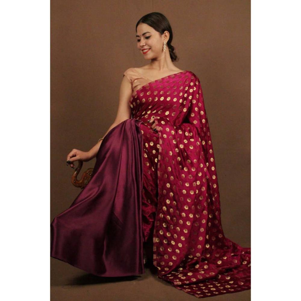 Isadora Life Womens Woven Maroon Pre-Draped Saree With Unstitched Blouse