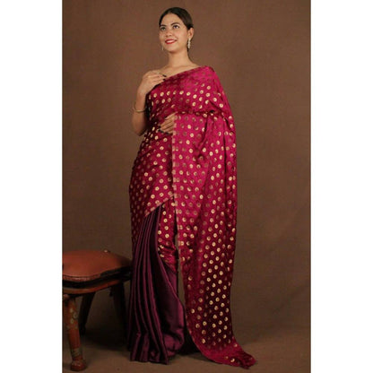 Isadora Life Womens Woven Maroon Pre-Draped Saree With Unstitched Blouse