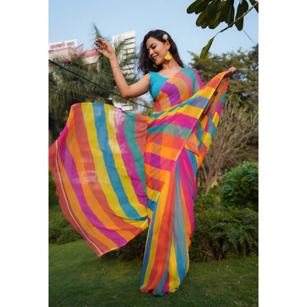 Isadora Life Womens Printed Stripes Multi-Color Pre-Draped Saree With Unstitched Blouse