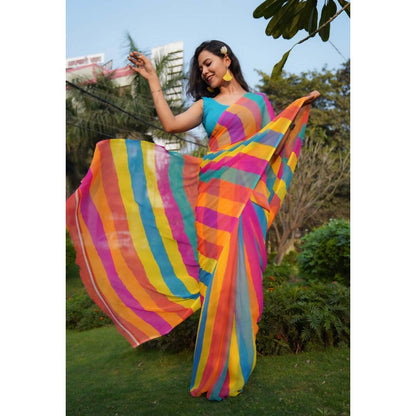 Isadora Life Womens Printed Stripes Multi-Color Pre-Draped Saree With Unstitched Blouse
