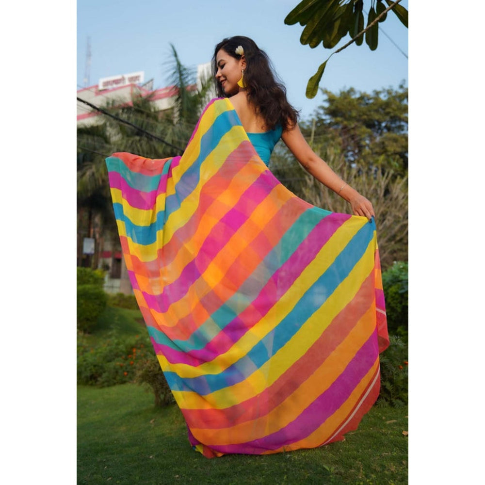 Isadora Life Womens Printed Stripes Multi-Color Pre-Draped Saree With Unstitched Blouse