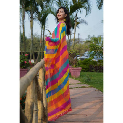 Isadora Life Womens Printed Stripes Multi-Color Pre-Draped Saree With Unstitched Blouse