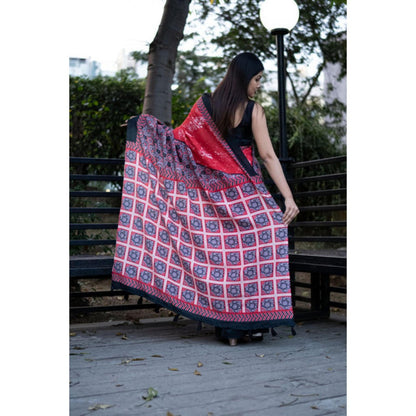 Isadora Life Womens Floral Printed Red Pre-Draped Saree With Unstitched Blouse
