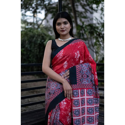 Isadora Life Womens Floral Printed Red Pre-Draped Saree With Unstitched Blouse