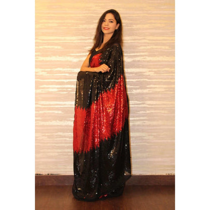 Isadora Life Womens Sequined Multi-Color Pre-Draped Saree With Unstitched Blouse
