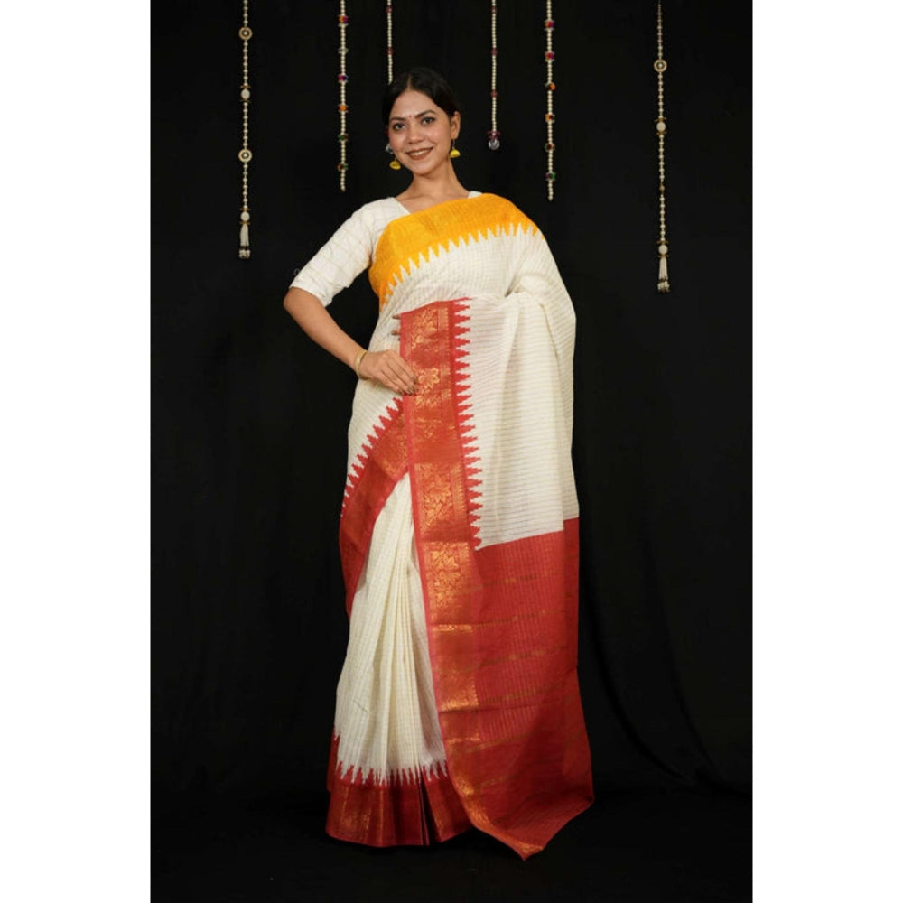 Isadora Life Womens Checks Printed White Pre-Draped Saree With Unstitched Blouse