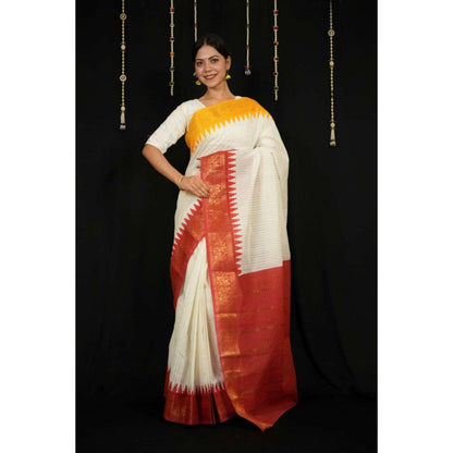 Isadora Life Womens Checks Printed White Pre-Draped Saree With Unstitched Blouse