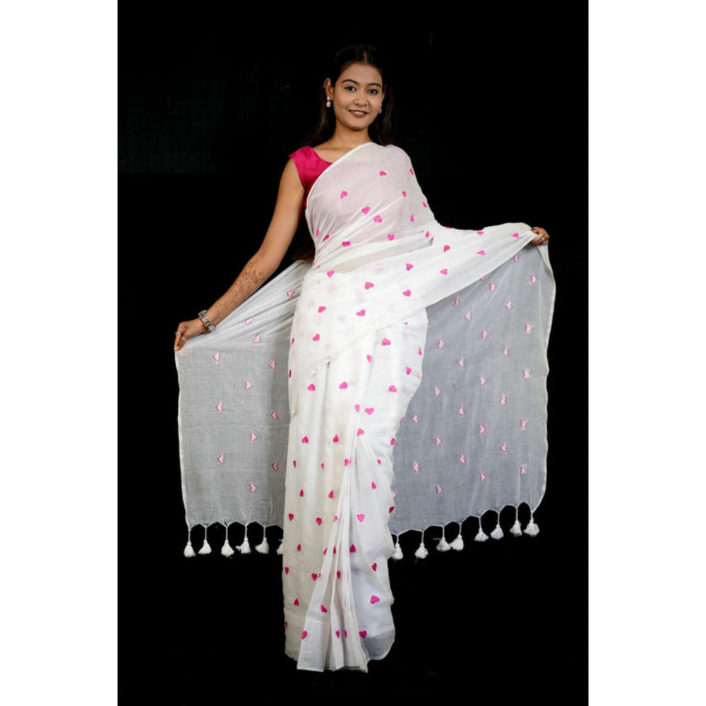 Isadora Life Womens Floral Embroidered White Pre-Draped Saree With Unstitched Blouse