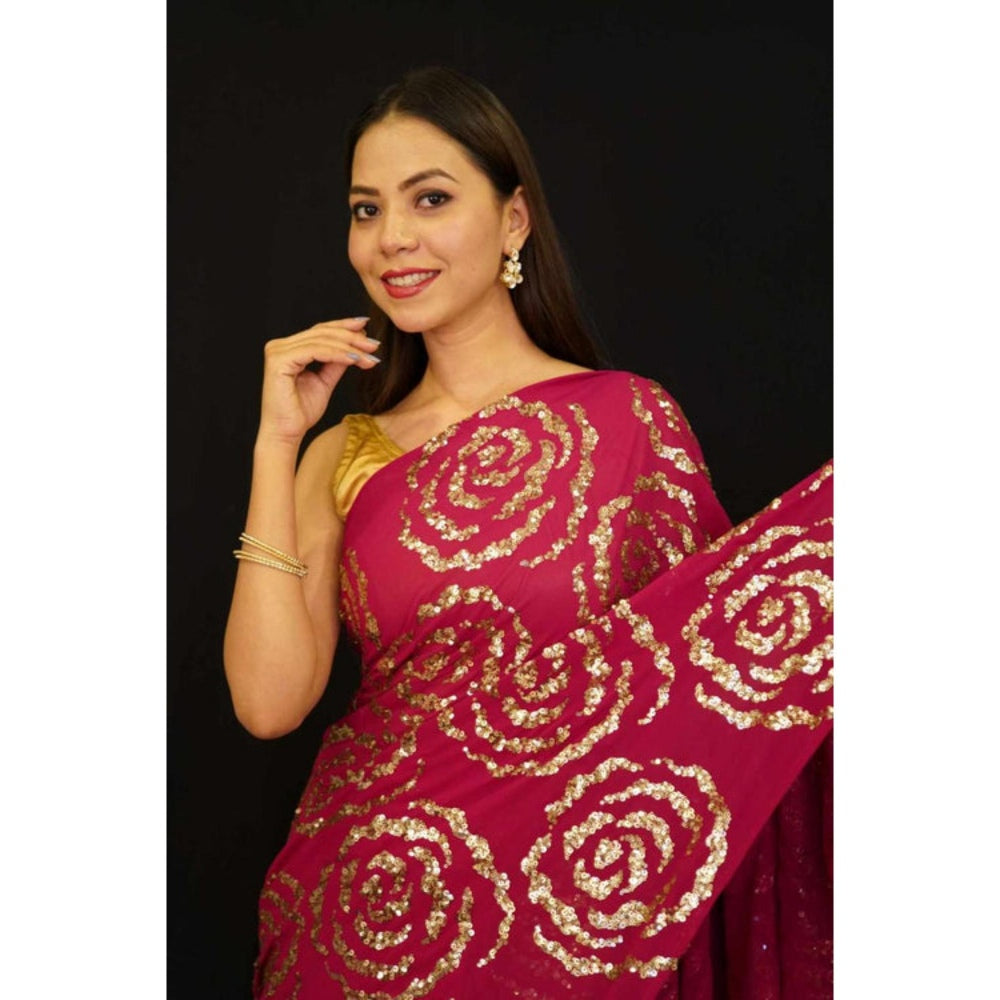 Isadora Life Womens Floral Sequined Red Pre-Draped Saree With Unstitched Blouse