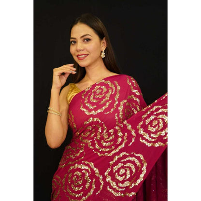 Isadora Life Womens Floral Sequined Red Pre-Draped Saree With Unstitched Blouse